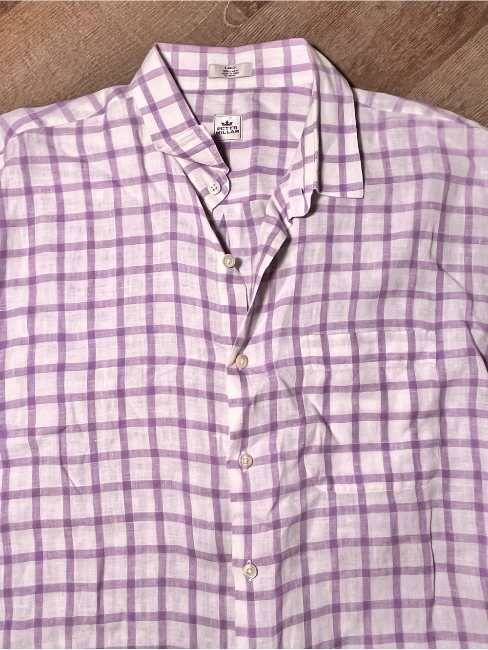 Peter Millar linen button plaid collar shirt purple large preppy light weight